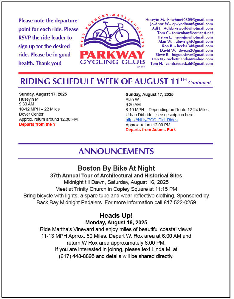 Parkway Cycling Club Parkway Cycling Club, West Roxbury, Massachusetts